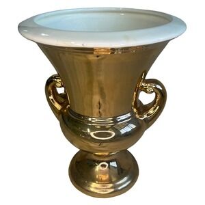 Haeger Pottery USA Vtg Gold Ceramic Urn Vase Pedestal Handles White Rim USA